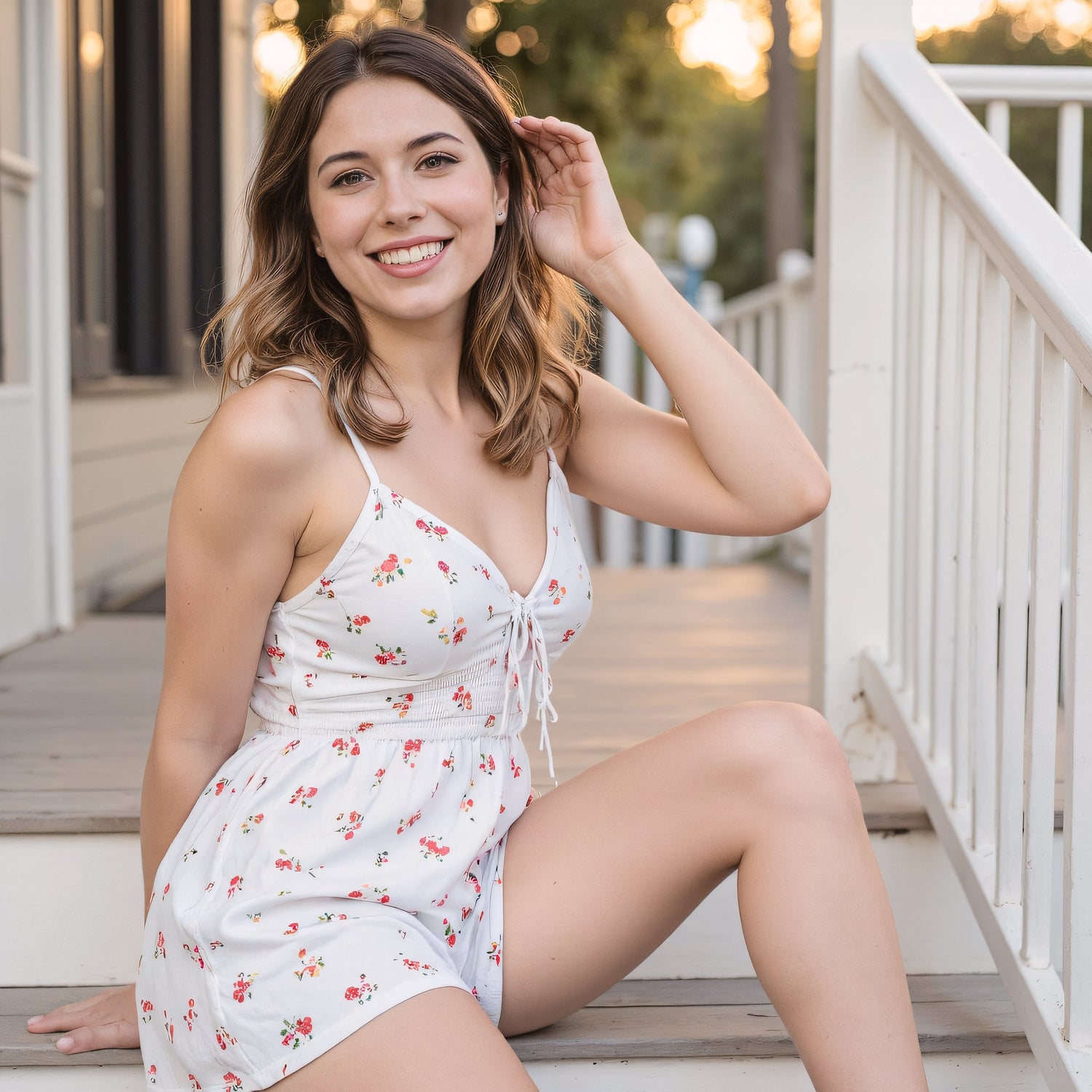 Woman in a white floral dress sitting on a porch.